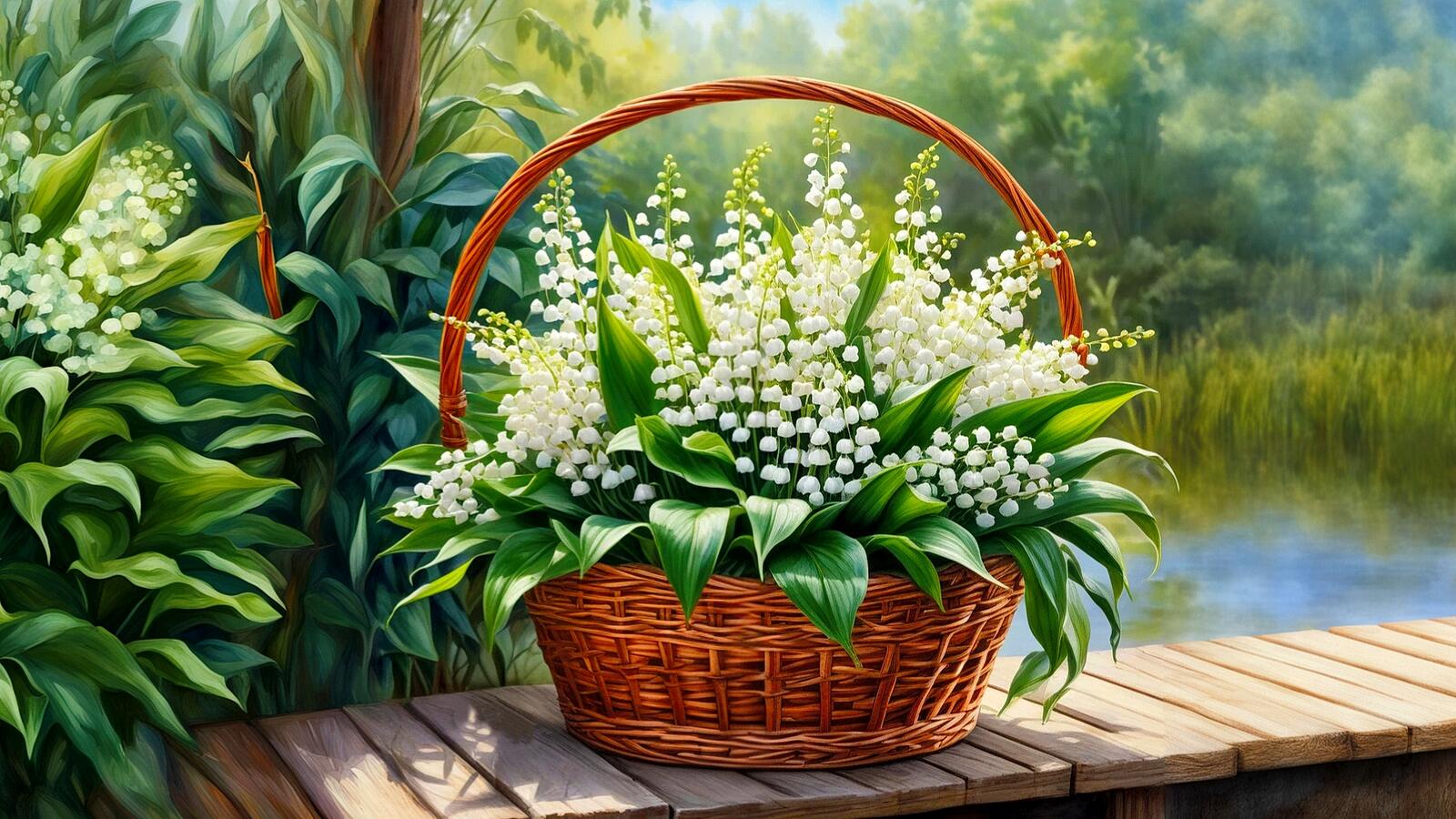 Free photo A basket of lilies of the valley stands in nature
