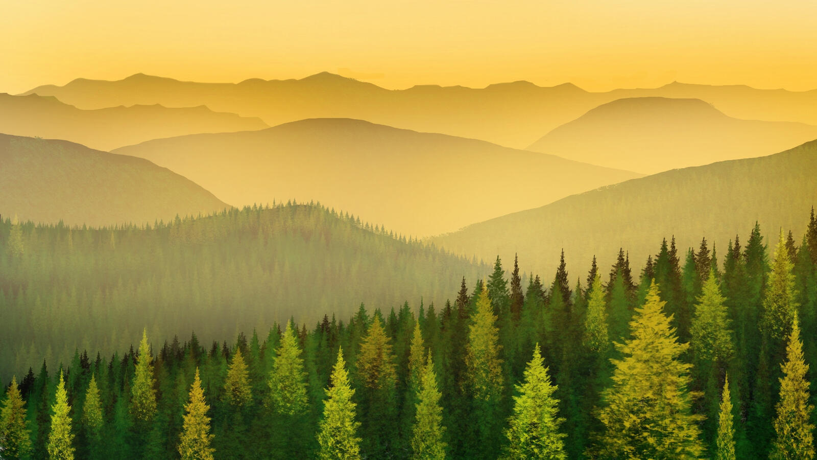 Free photo Drawing of a spruce forest on the hills