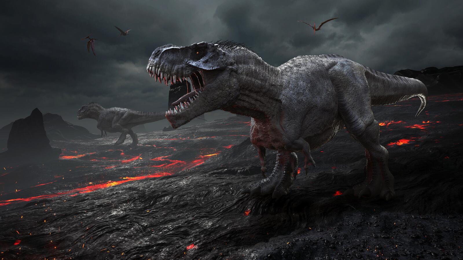 Бесплатное фото Динозавры на горящей лаве