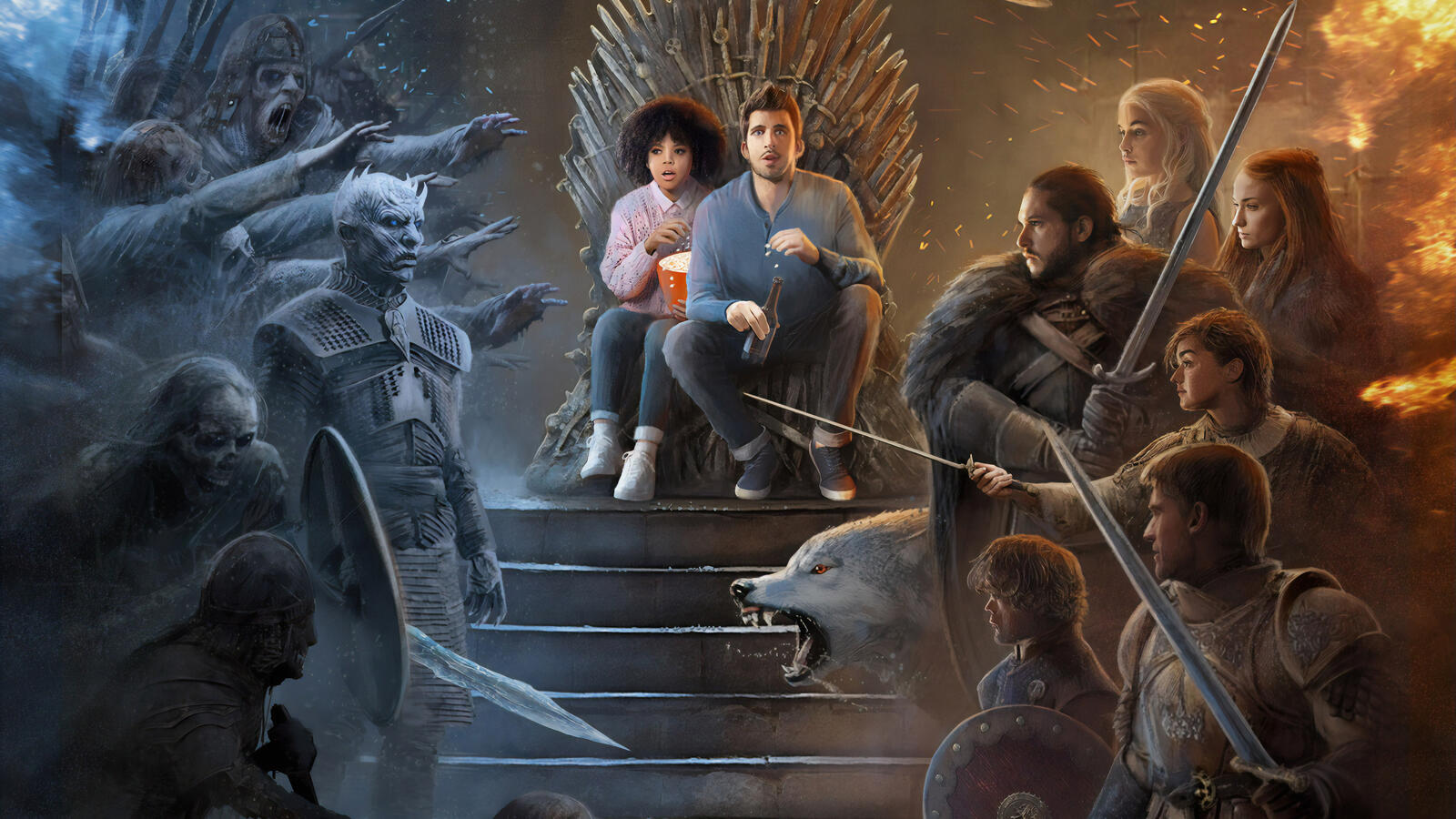 Free photo Game of Thrones-themed prank, the audience with popcorn on the iron throne