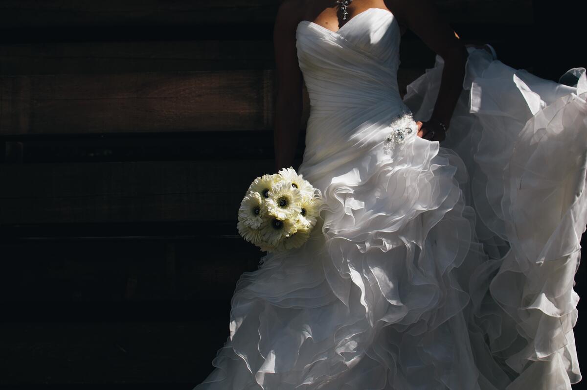 身着白色礼服、手捧白色花束的新娘