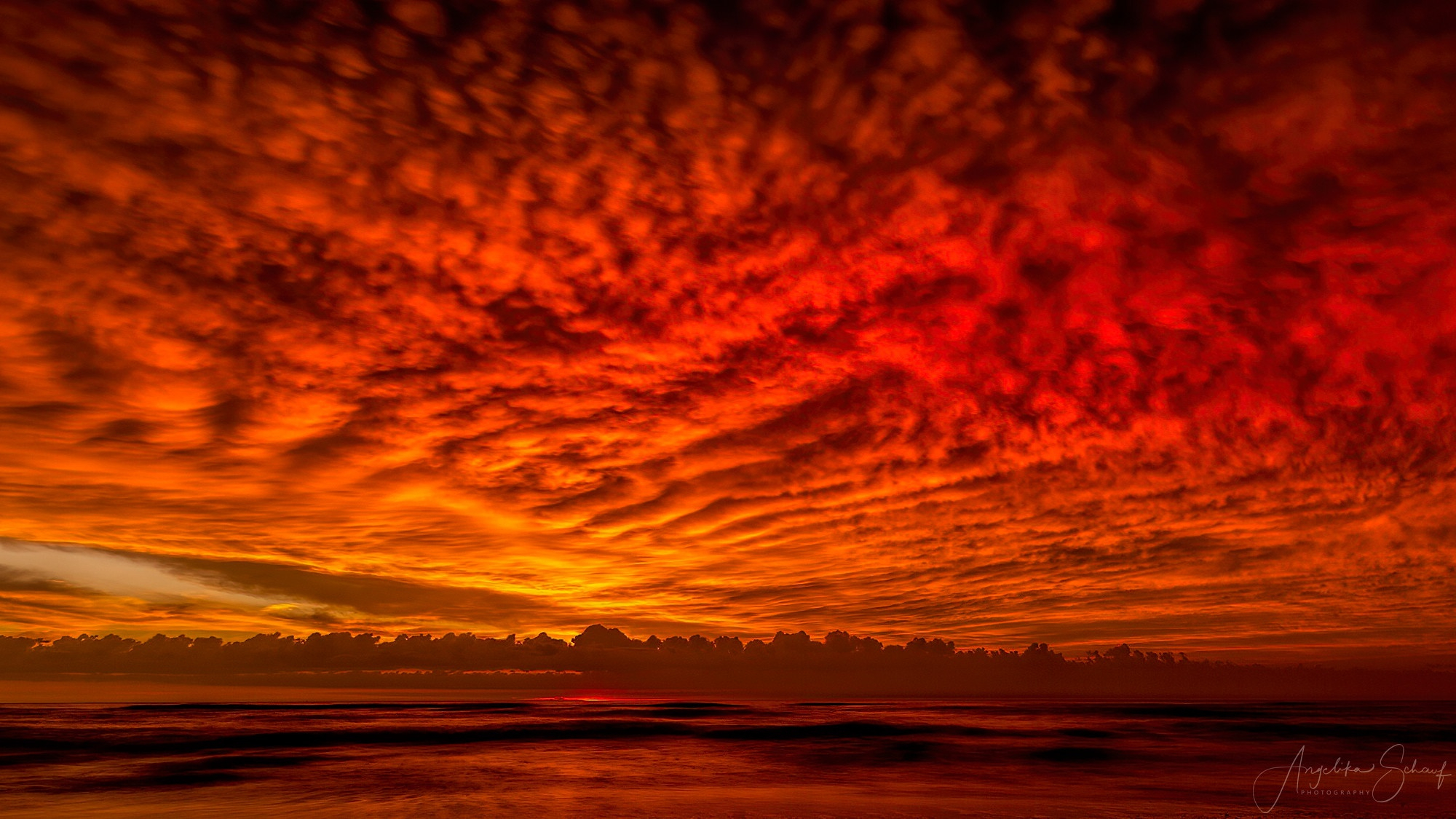 Бесплатное фото Потрясающее красное небо с перистыми облаками на закате дня