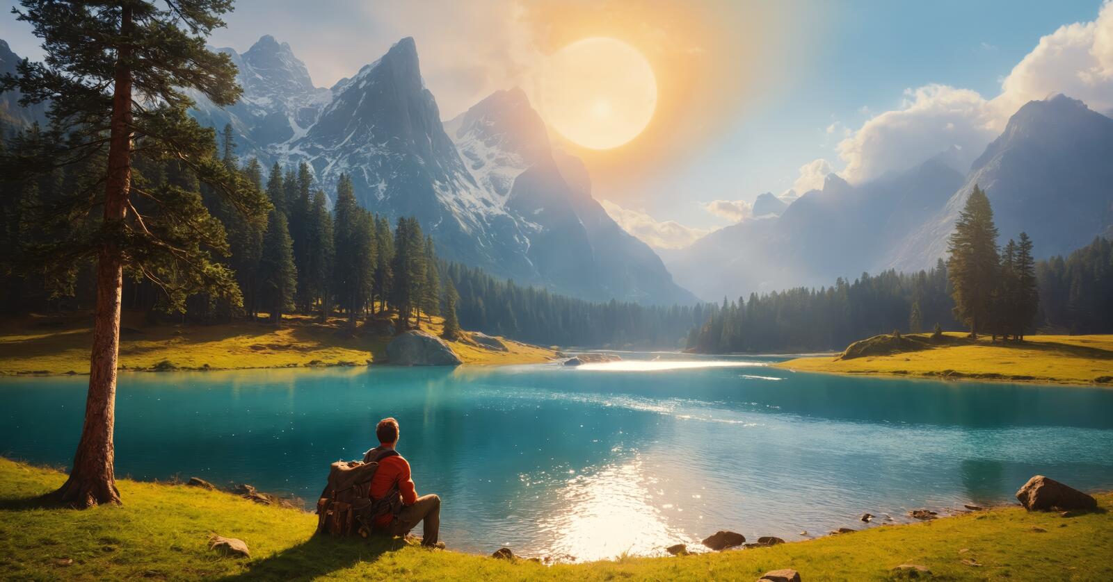 免费照片有一个人坐在湖边。