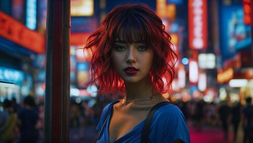 Женщина с рыжими волосами стоит посреди ночной улицы.