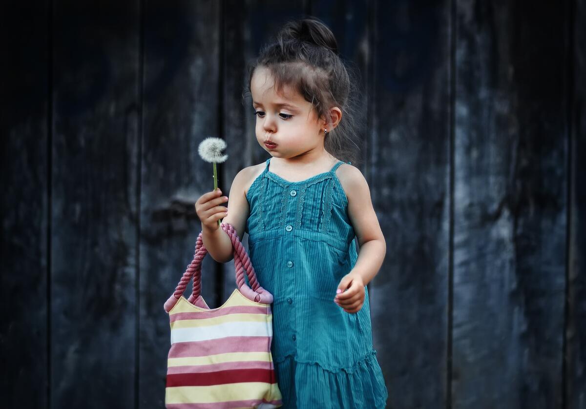 A little girl in a sundress with a dandelion