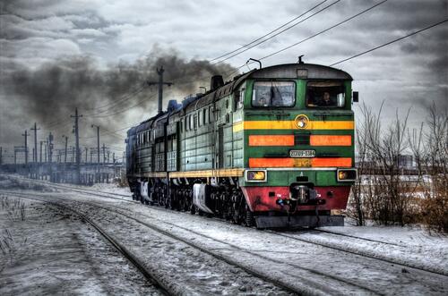 Diesel locomotive on a winter road