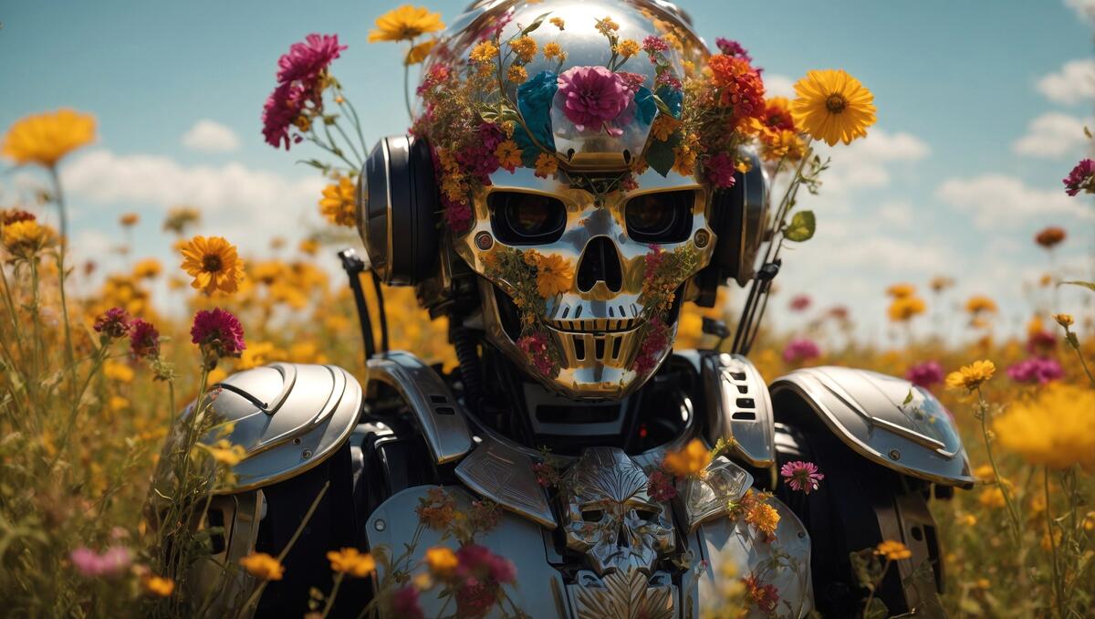 A skeleton in a flower filled field with yellow flowers