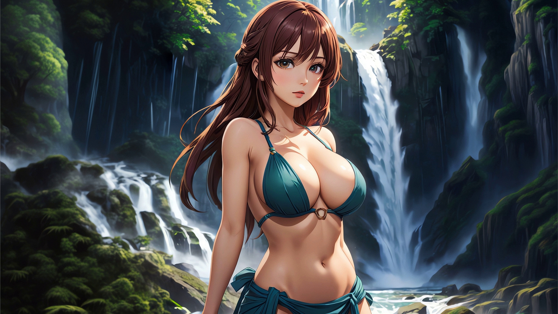 Drawing of a brown girl in a swimsuit on the background of waterfall