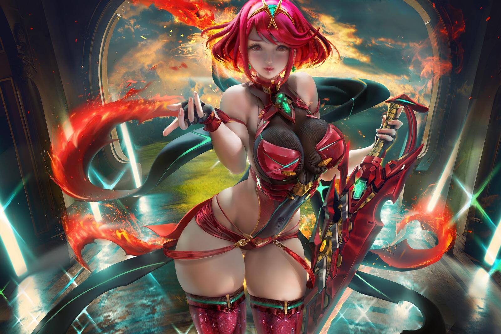 Бесплатное фото Фэнтезийная магическая девушка с красными волосами и мечом