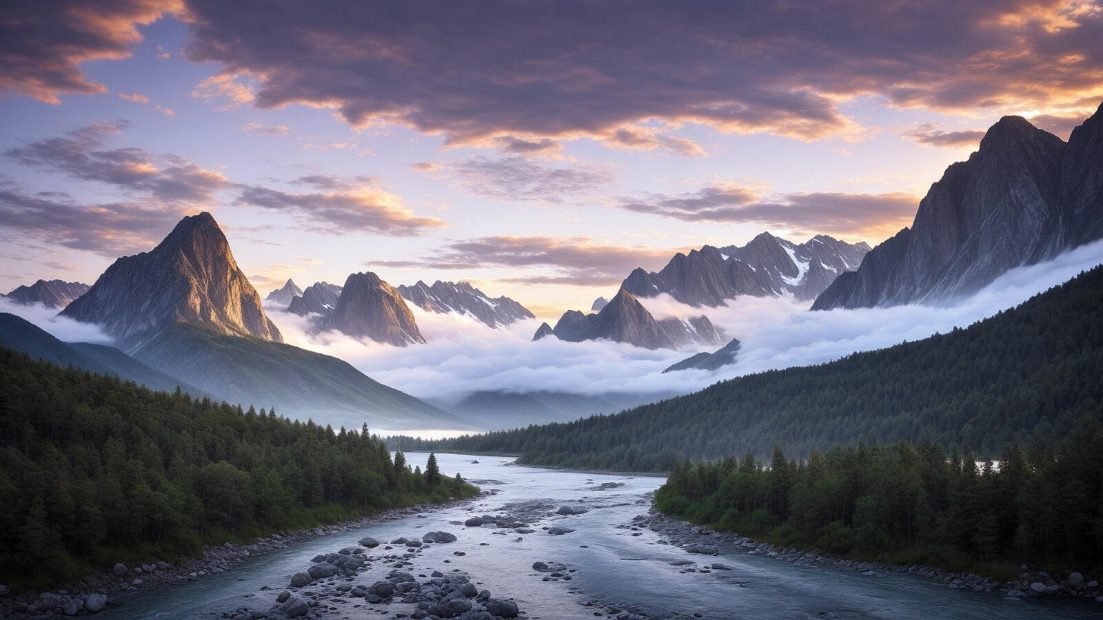 Бесплатное фото Мелководная река идущая к горам в тумане