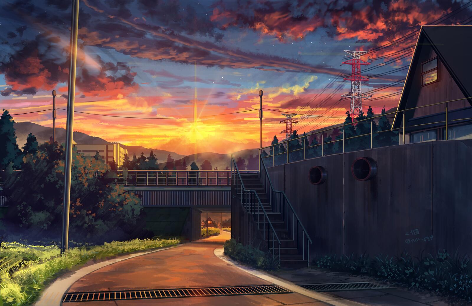 Обои обои аниме закат пейзаж живописный на рабочий стол