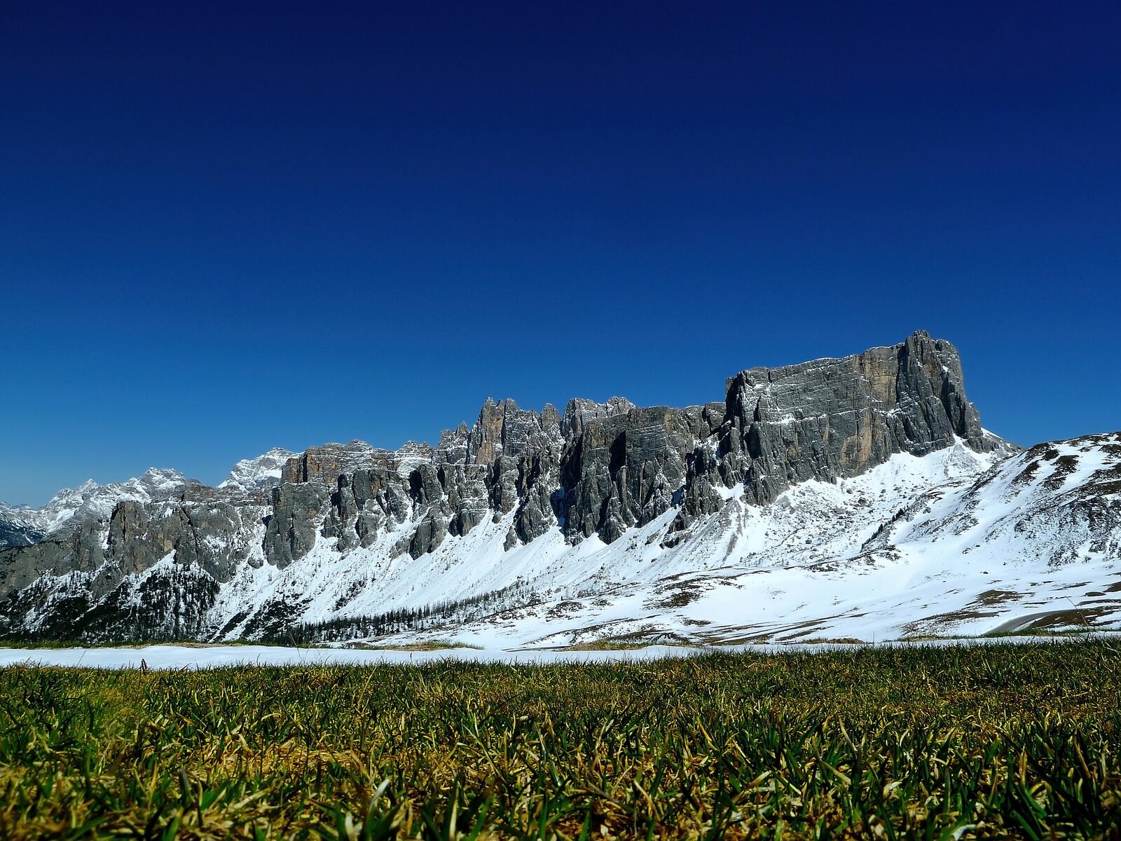 Бесплатное фото Горы в снегу возле поле с зеленой травой