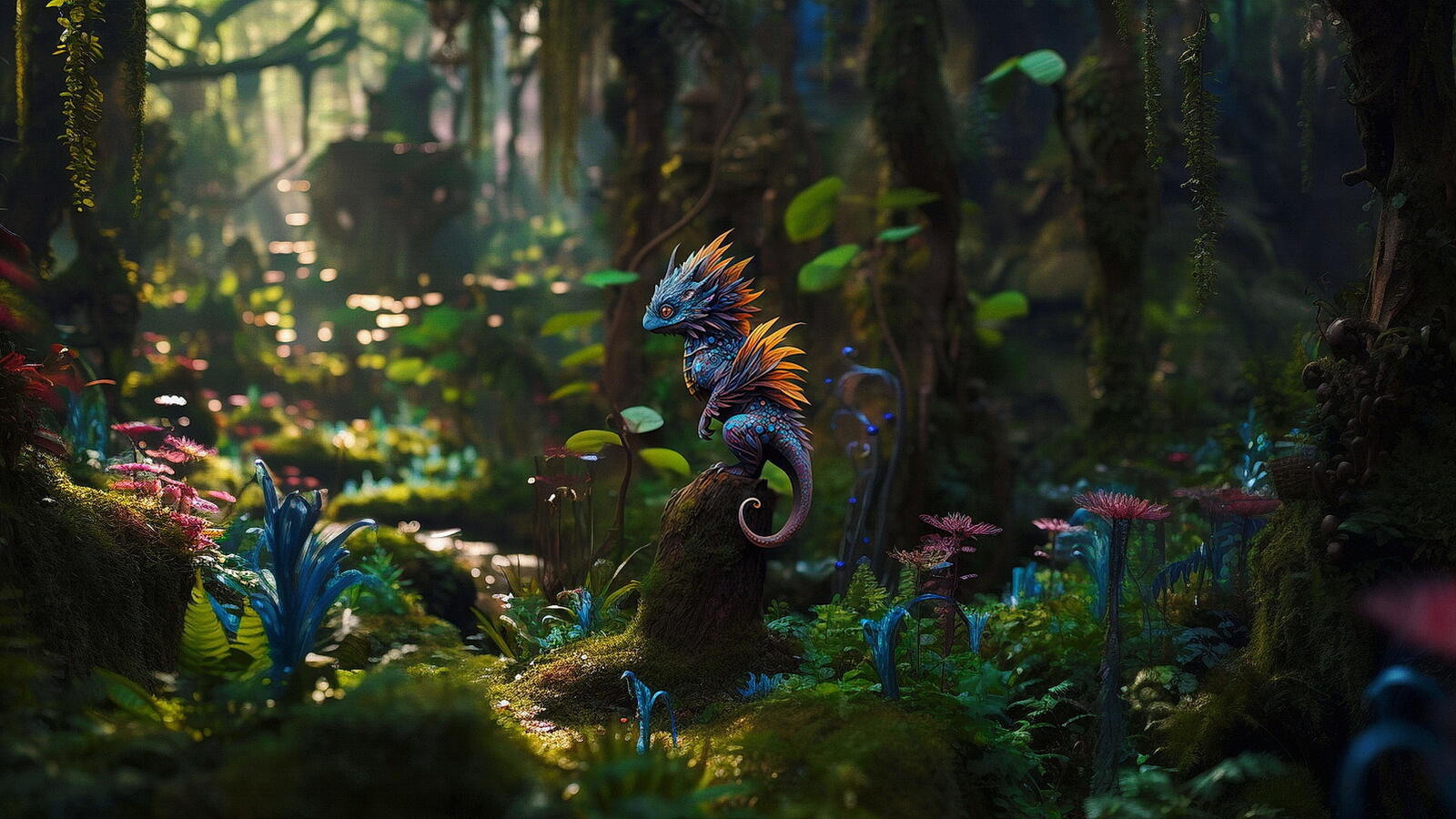 Бесплатное фото Маленький дракон в сказочном лесу сидит на пне