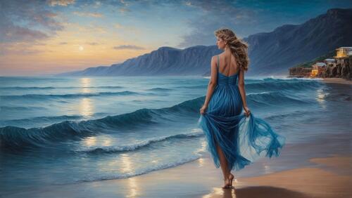 A painting of a woman in a blue dress walking on the beach