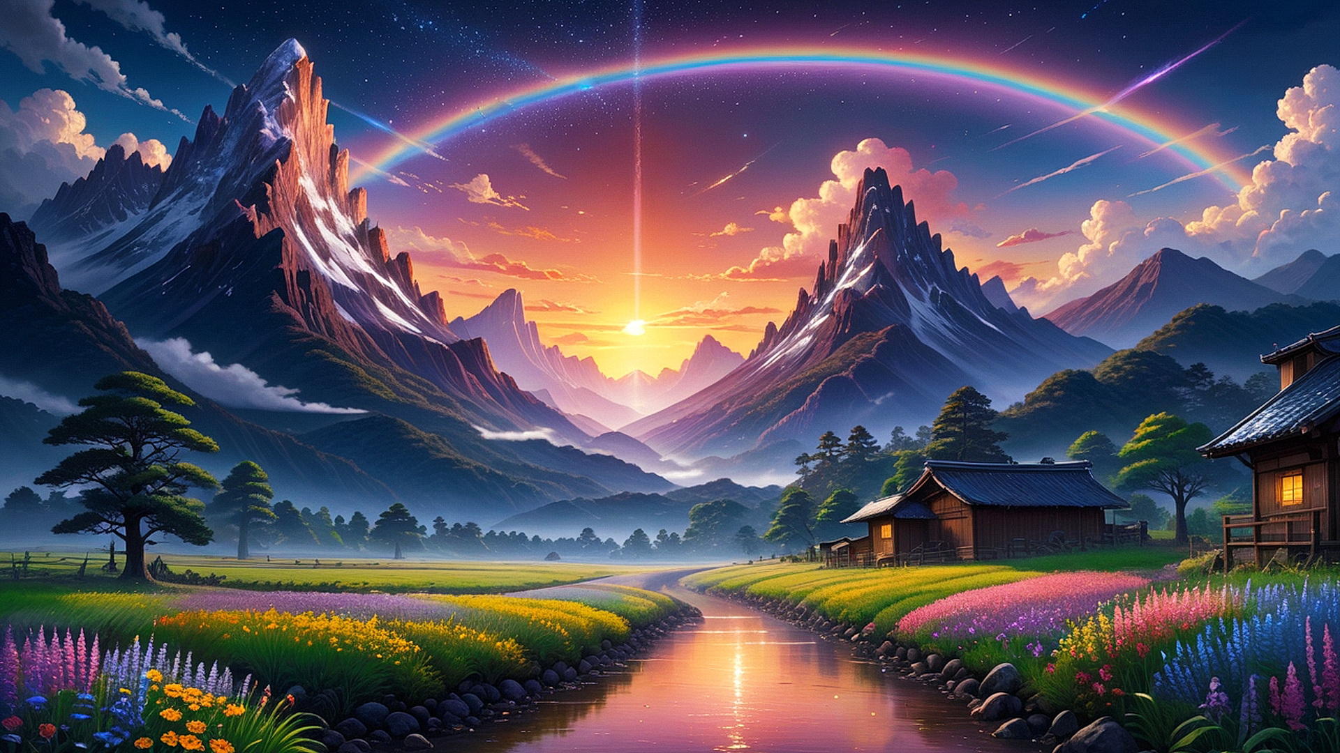 Бесплатное фото Горный пейзаж с радугой и деревянные  дома