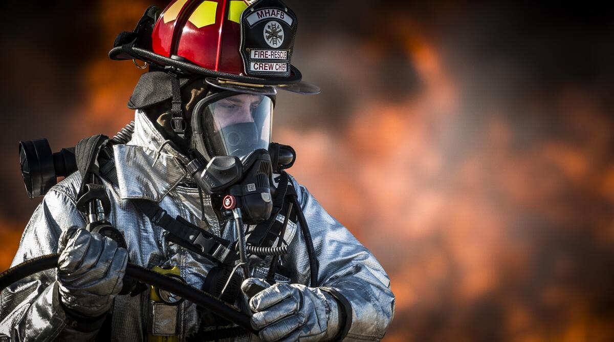 A fireman in a gas mask
