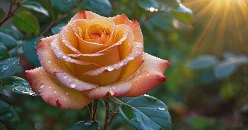 Роза с росой на лепестках в саду