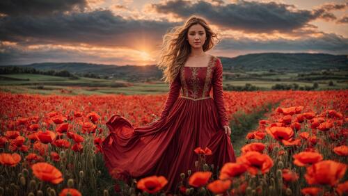 A woman in a red dress stands in a poppy field at sunset
