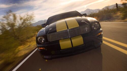 Shelby mustang with yellow stripes on the hood