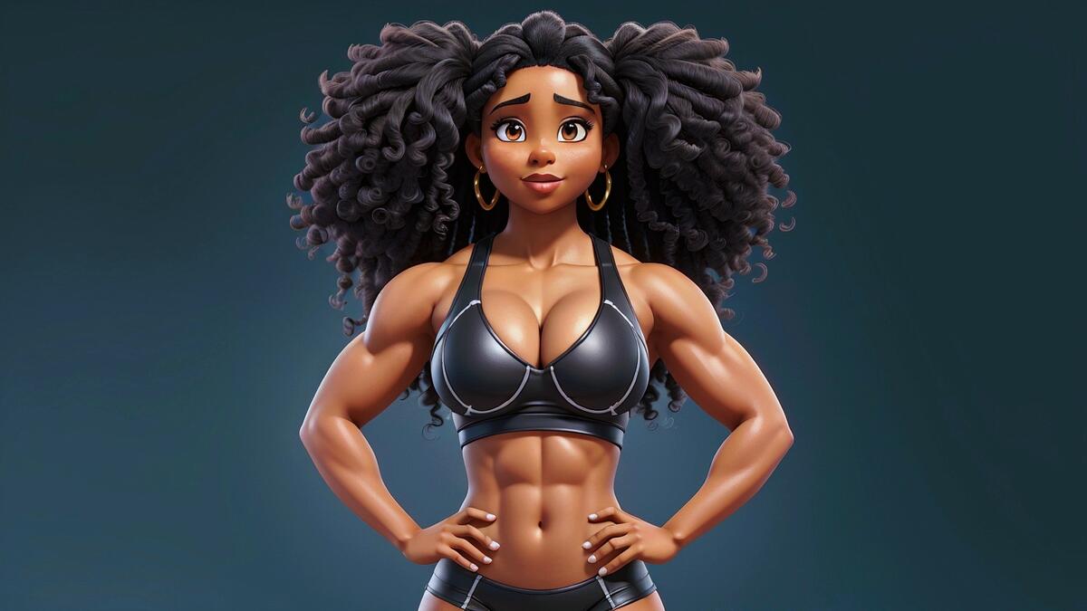 Black girl bodybuilder with bouffant hairstyle on green background