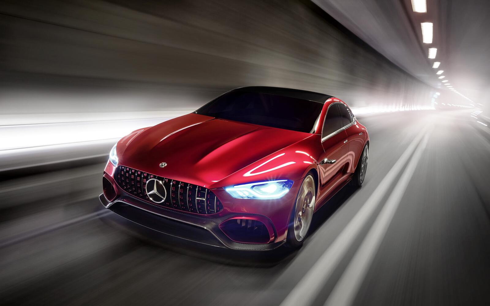 Free photo Cherry Mercedes AMG GT drives in the tunnel