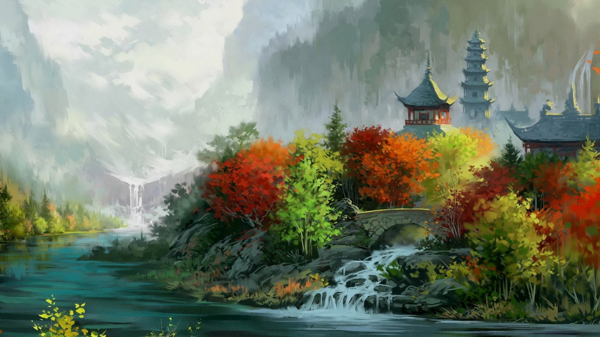 Бесплатное фото Нарисованный пейзаж азиатской культуры