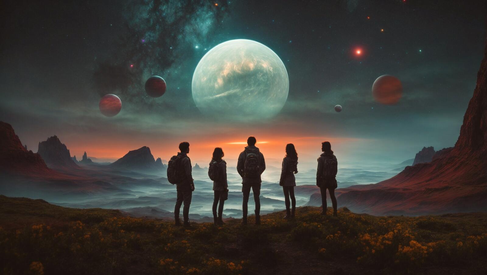 Бесплатное фото Пять инопланетян, похожих на людей, стоят на фоне земли и гор вдали.