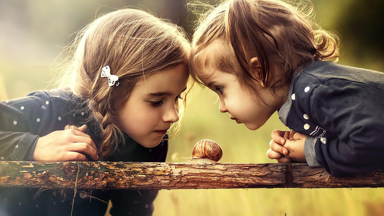 免费照片两个小姑娘在玩蜗牛