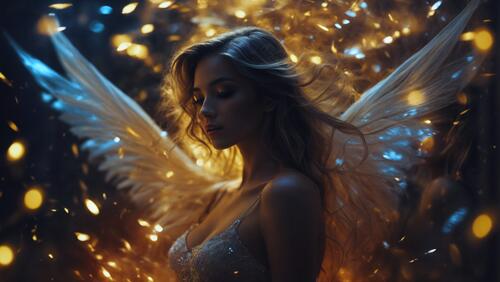 An angel standing against a gold background with glowing lights