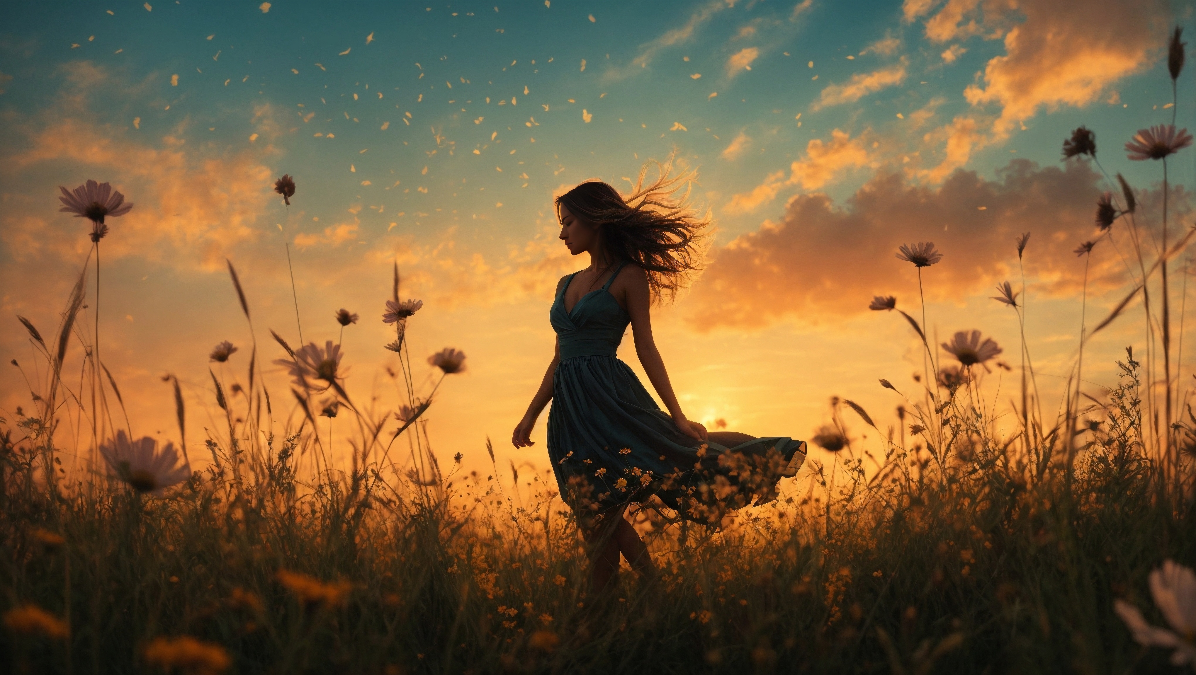 Бесплатное фото Девушка идет по полю на фоне заходящего солнца