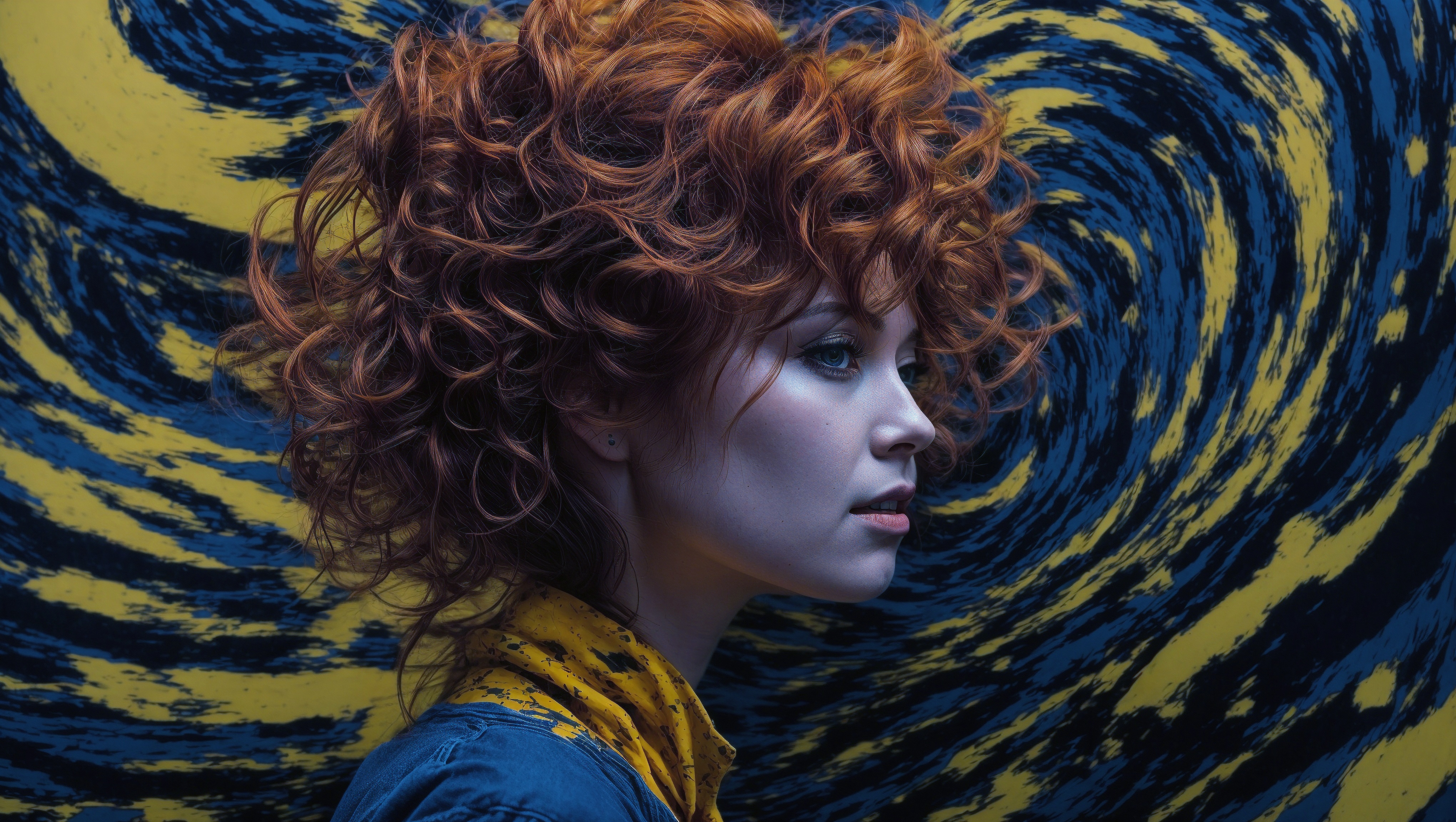 Free photo A woman with bright red curly hair standing in front of yellow and blue swirls
