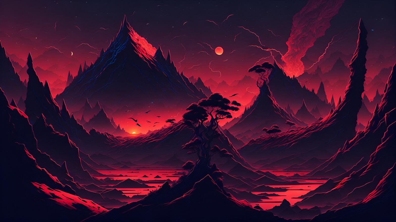Бесплатное фото Силуэт гор на красном фоне