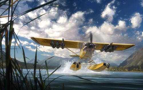 Желтый самолет из игры far cry 5 приземляется на воду