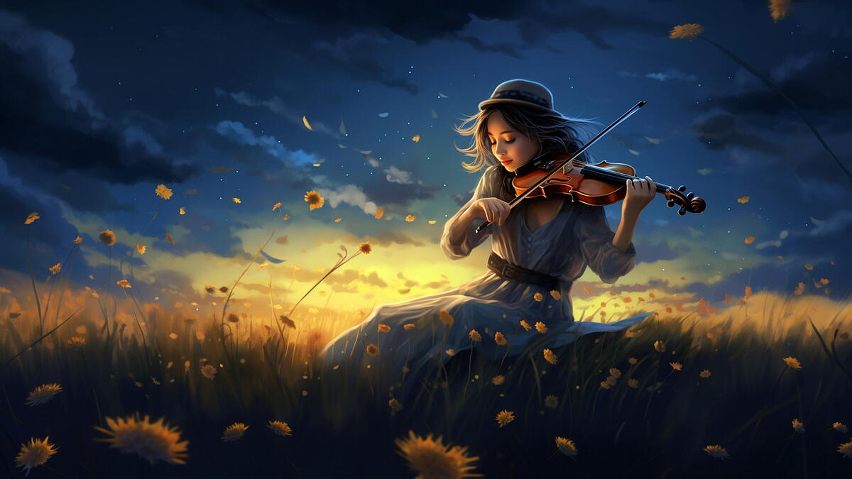 Девушка играет на скрипке  в поле