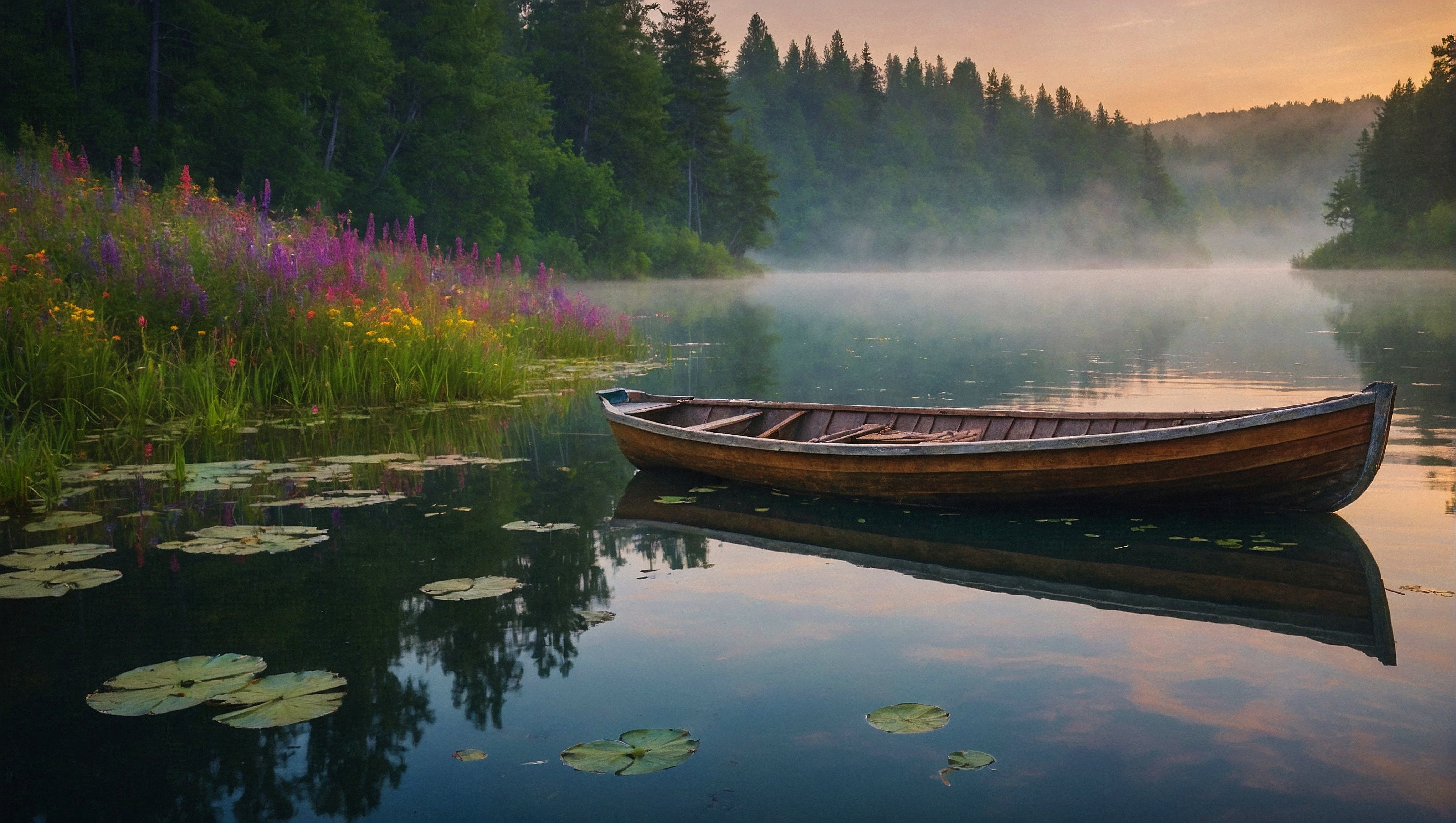 一艘木船漂浮在树木环绕的湖面上