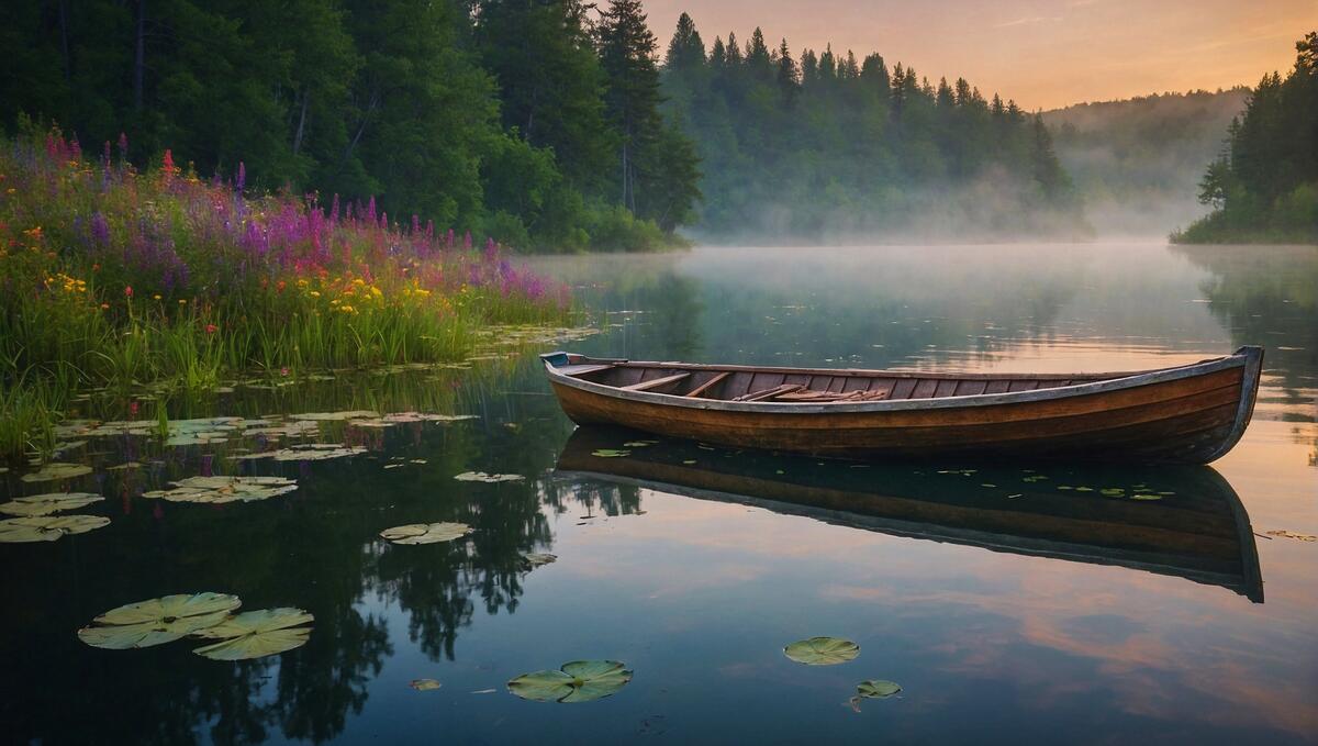A wooden boat floating on top of a lake surrounded by trees