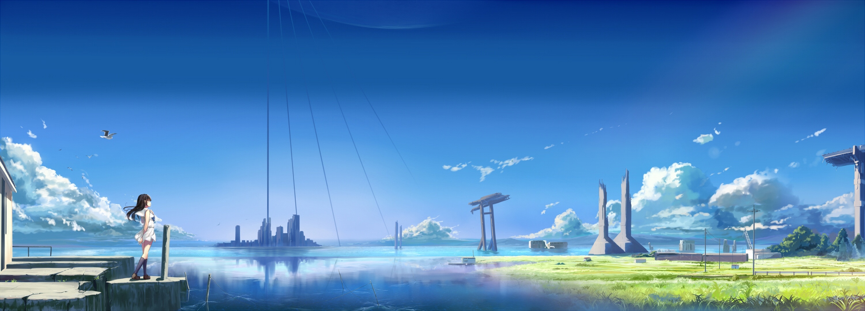 Photo wallpaper anime girl, landscape, clear skies, clouds, buildings ...