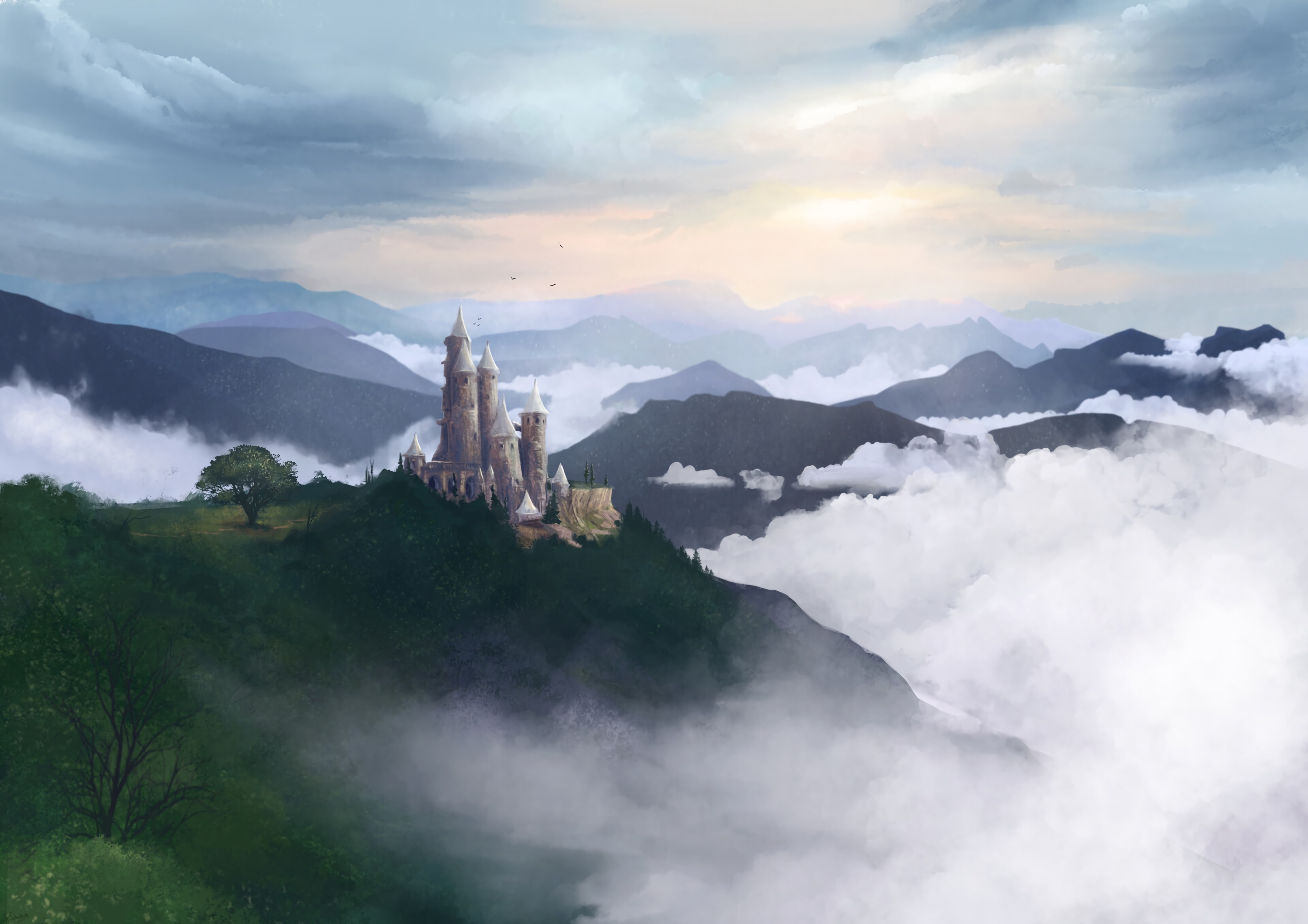 一幅山顶城堡的图画