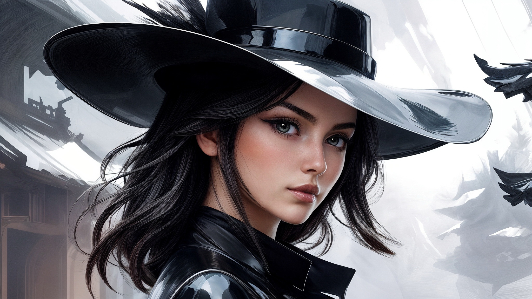Бесплатное фото Портрет девушки в черной широкополой шляпе