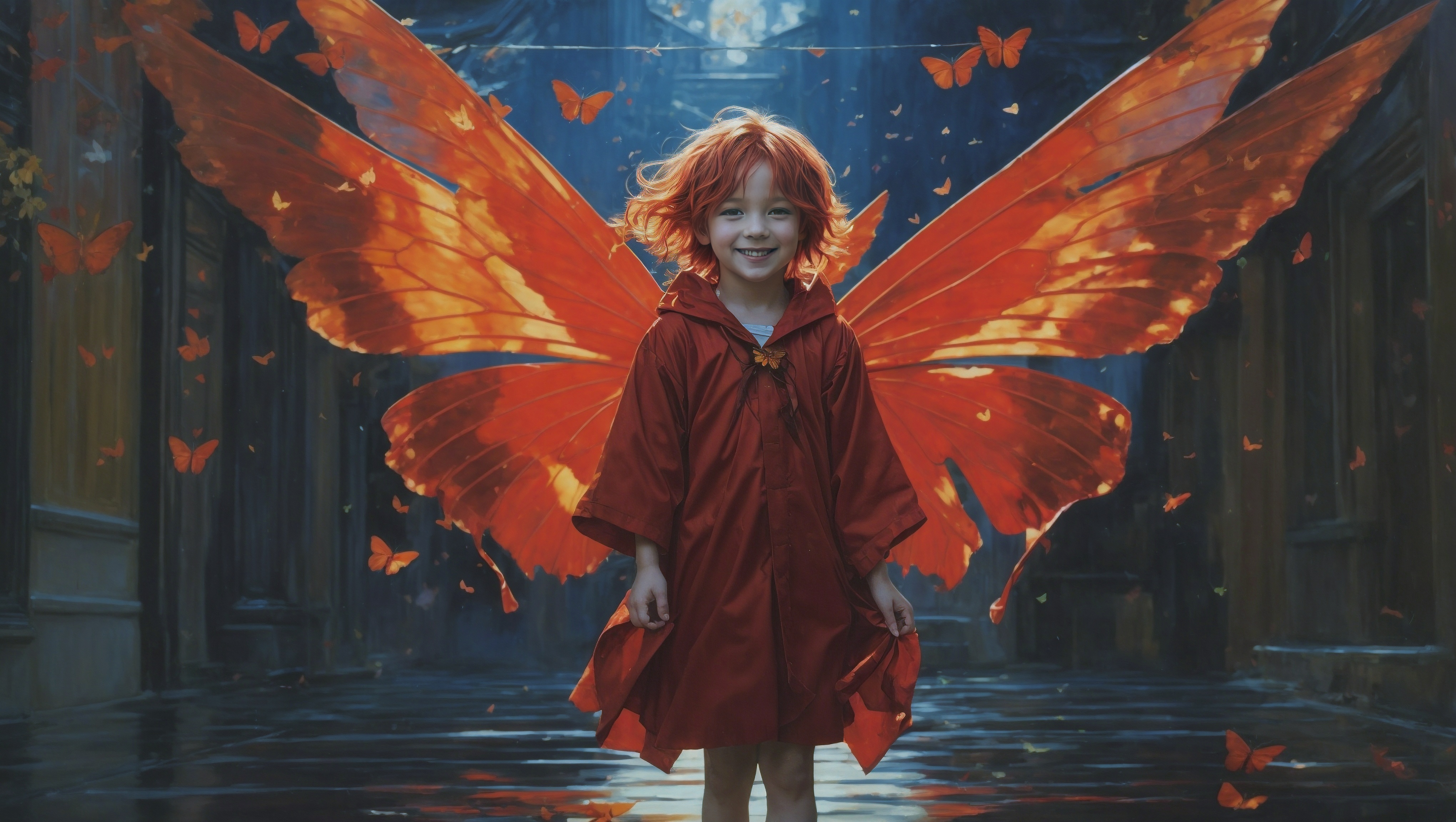 一个打扮得像仙女的女孩站在一幢长着蝴蝶翅膀的大楼前