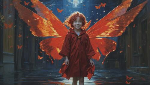 Девушка, одетая как фея, стоит перед зданием с крыльями бабочки