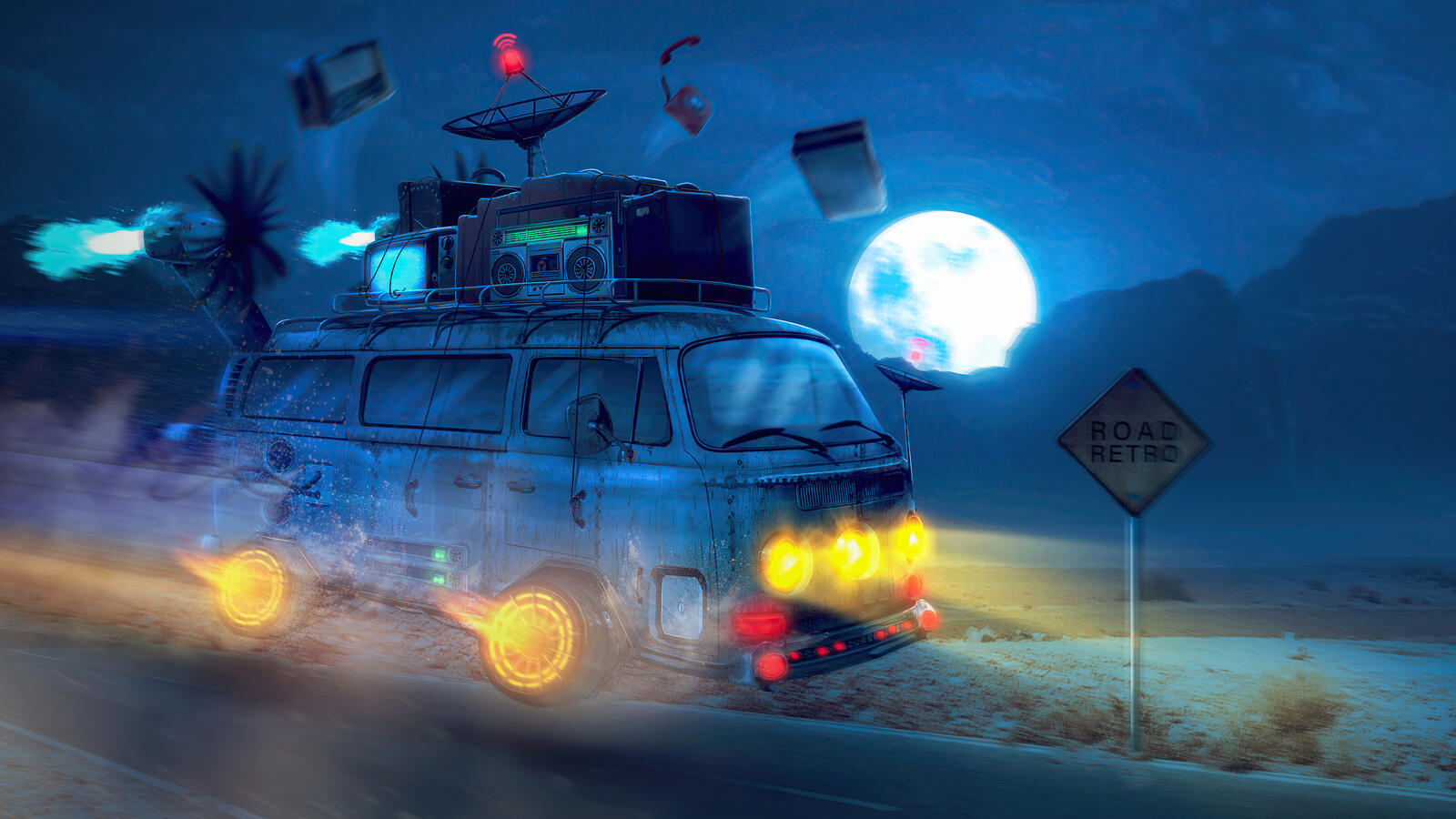 Бесплатное фото Фантастический фургон в темноте