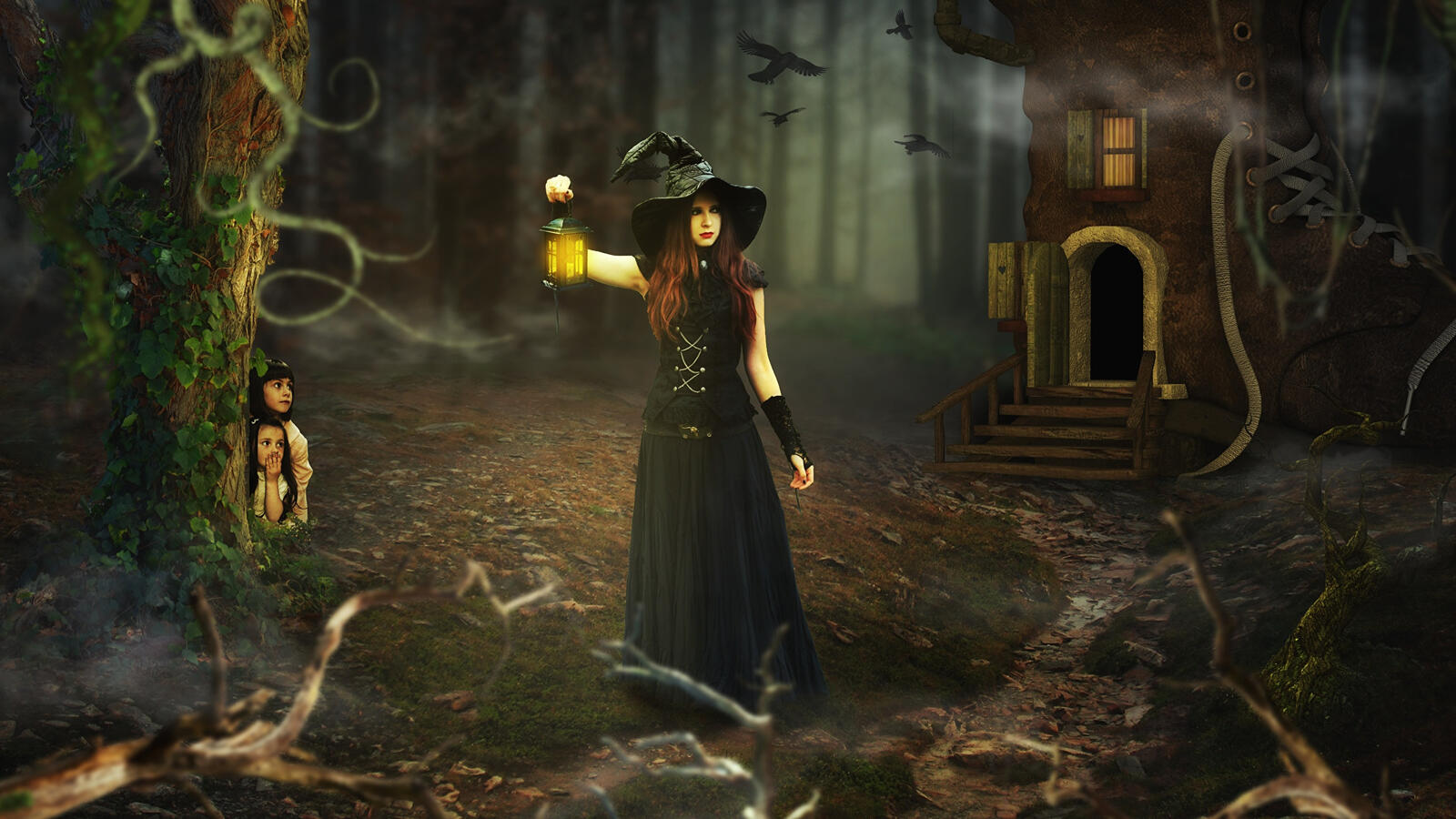 Бесплатное фото Ведьма на Хэллоуин в фантастическом мрачном лесу