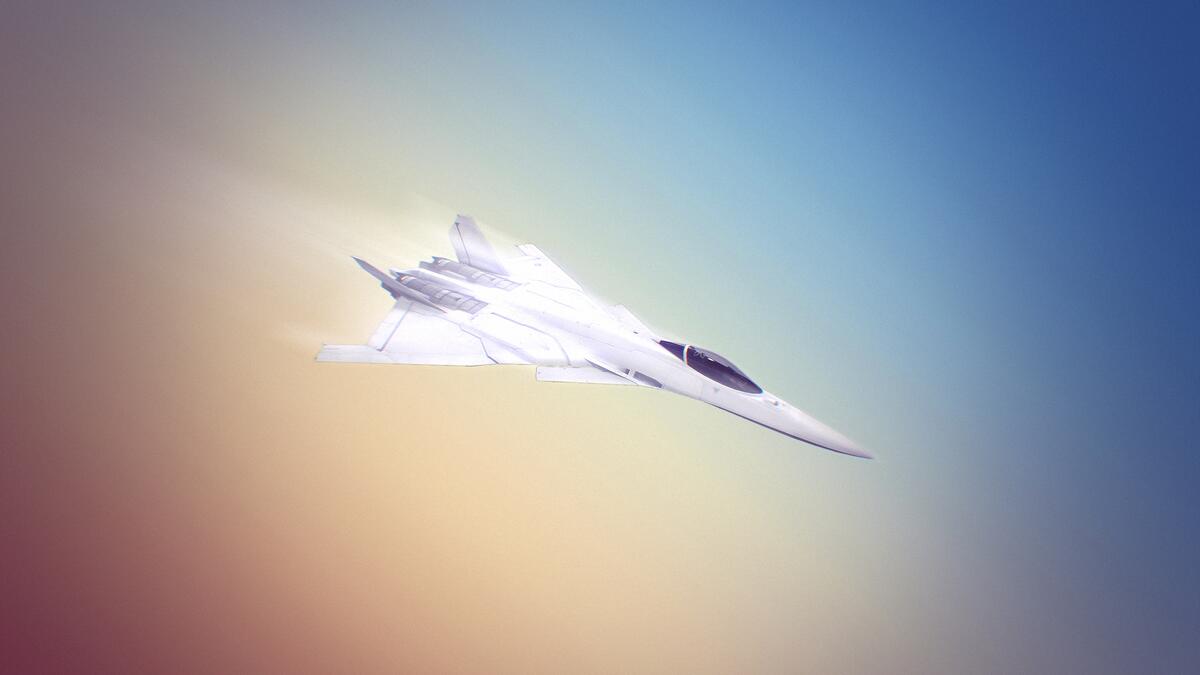 A white fighter jet is flying down