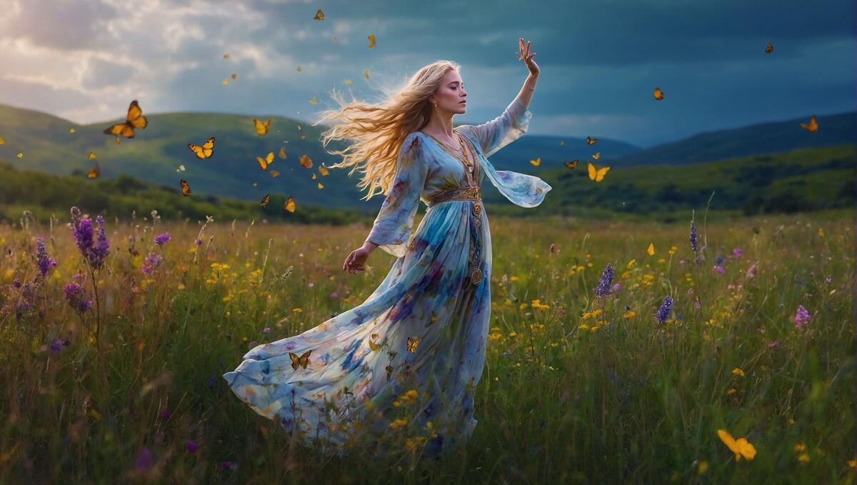 Женщина, одетая в голубое, стоит посреди поля с множеством цветов.
