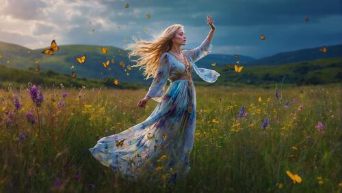 Женщина, одетая в голубое, стоит посреди поля с множеством цветов.