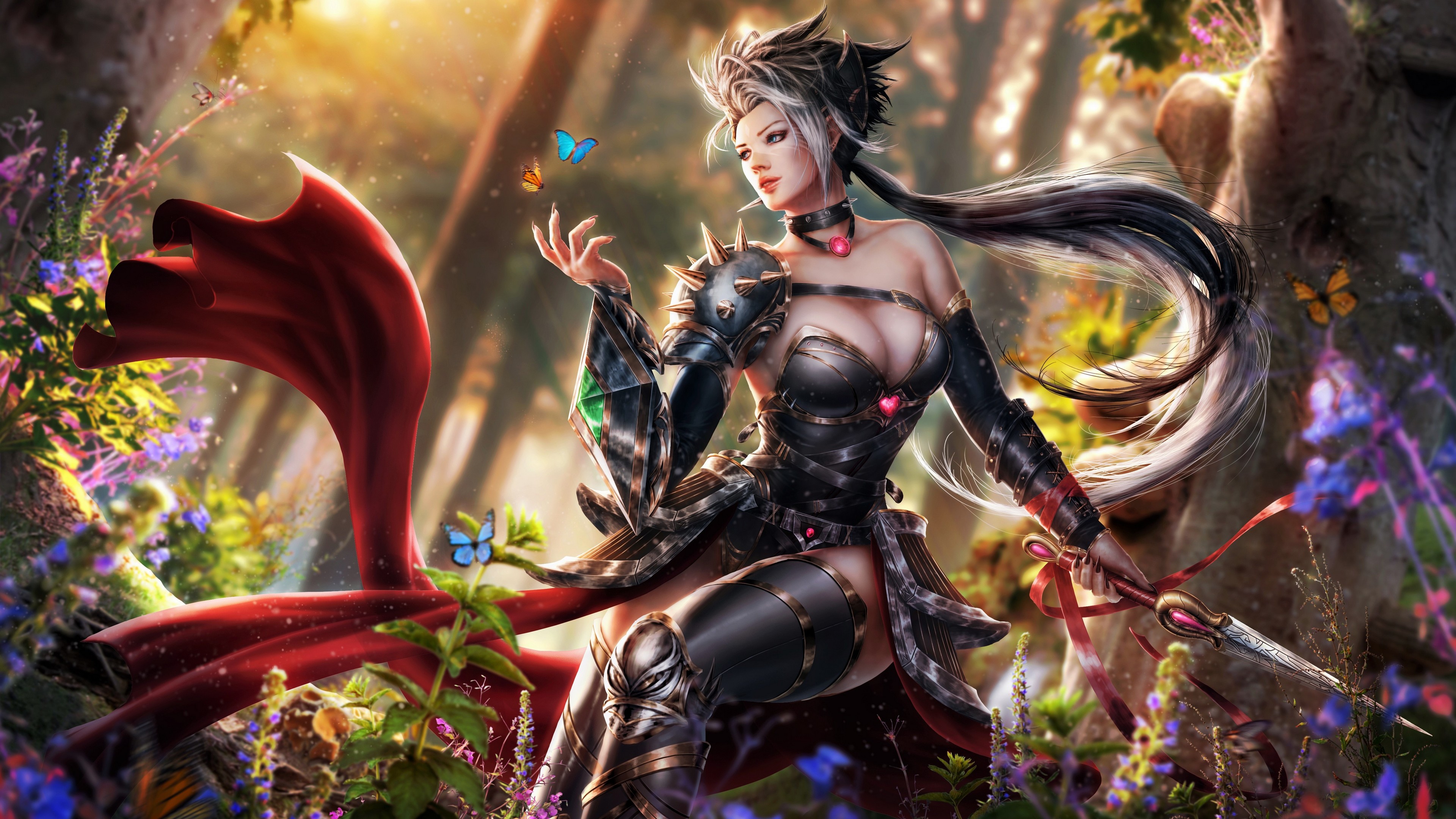 Free photo Fantasy warrior girl in armor with a dagger in the woods