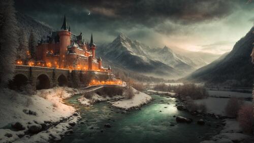 A castle by the water under a very dark sky