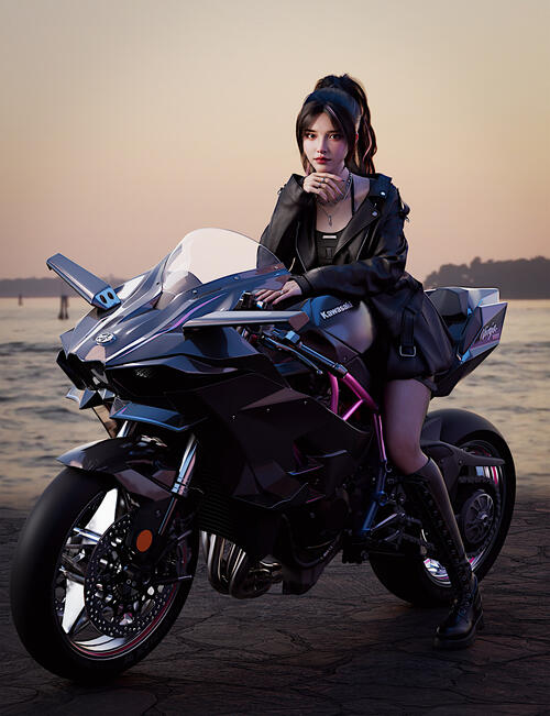 Рендеринг девушка азиатской внешности на спортивном мотоцикле