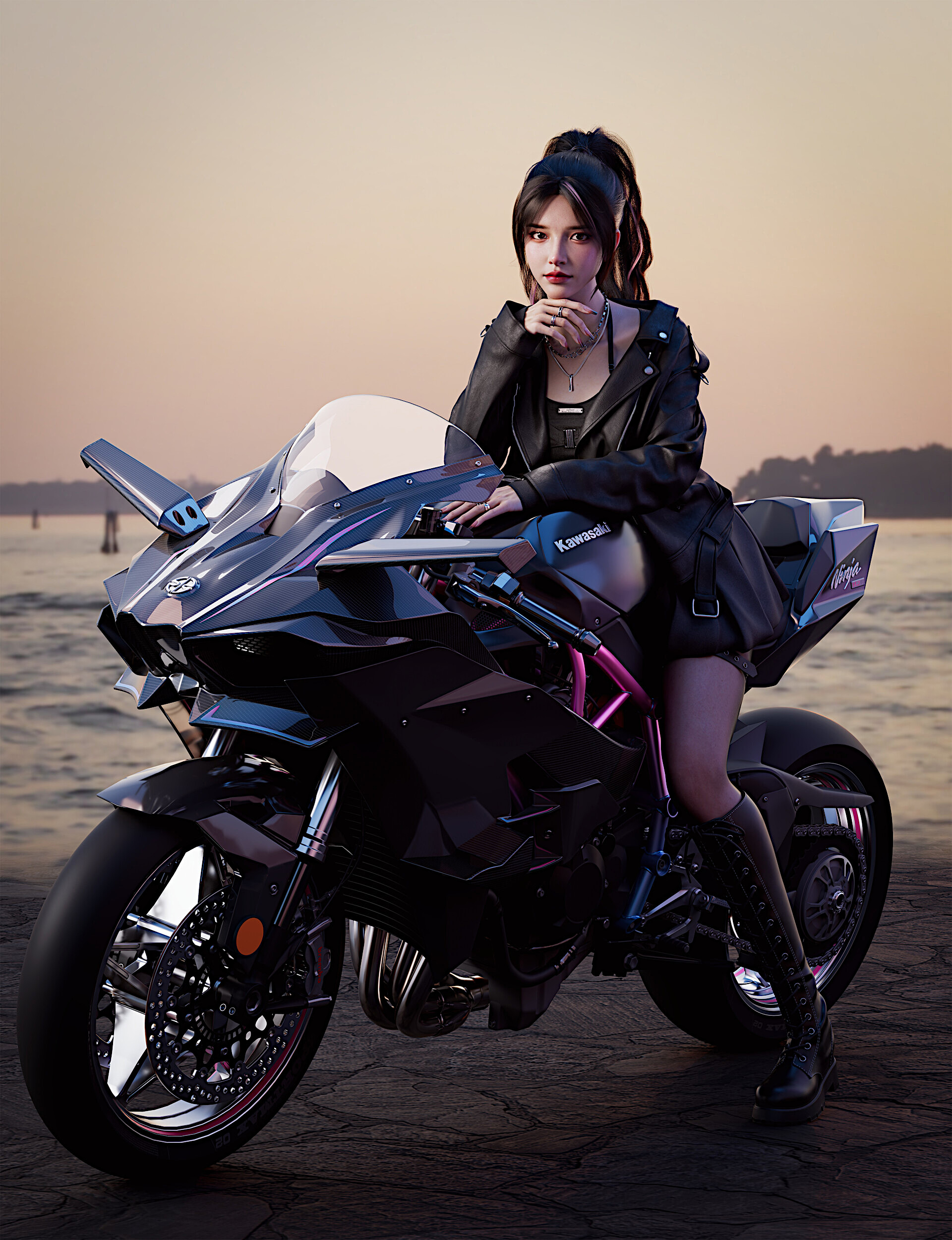 Бесплатное фото Рендеринг девушка азиатской внешности на спортивном мотоцикле